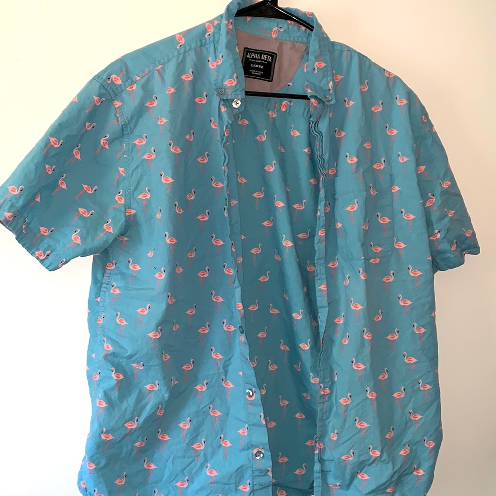 Alpha Beta | Short Sleeve Button Down | Flamingos | Hawaiian | Men’s | Large |